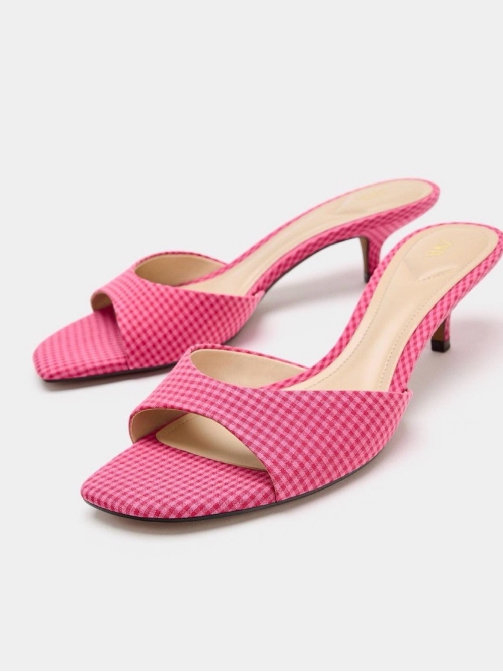 Pink Gingham Open-Toe Kitten Heel Mules